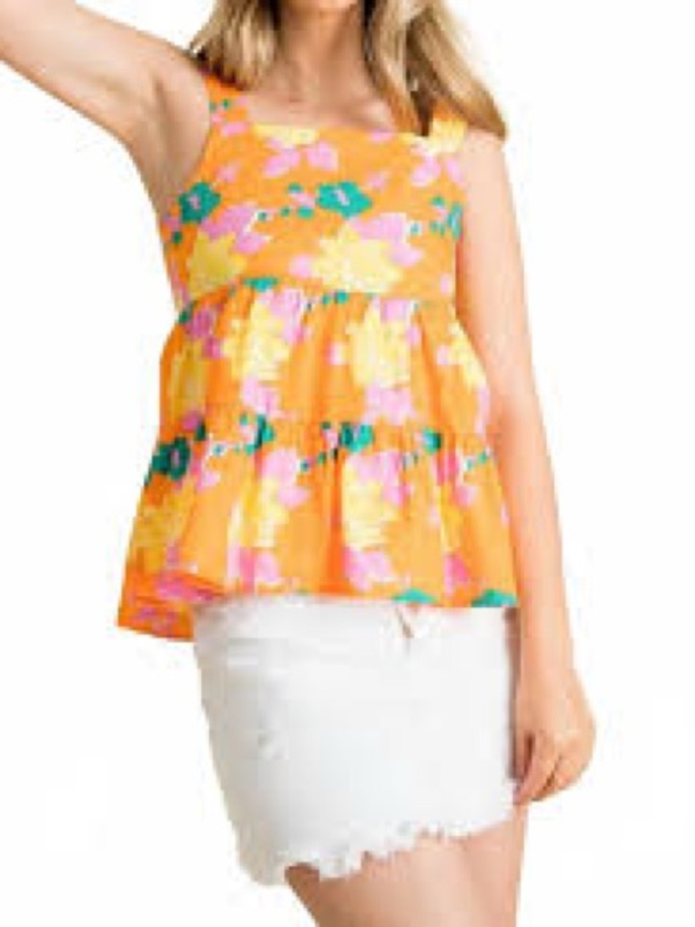 THML Floral Print Ruffle Tiered Peplum Tank Top - Vibrant Floral Orange Multi